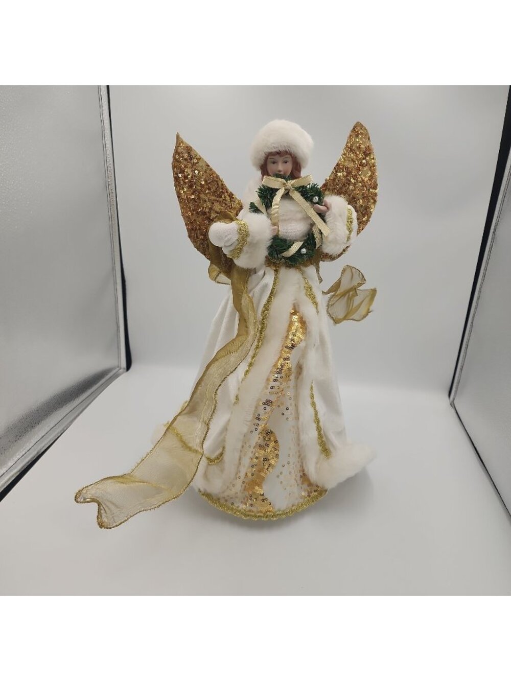 Holiday Home 17" Caucasian Christmas Angel w/White Fur & Gold Metallic Accents